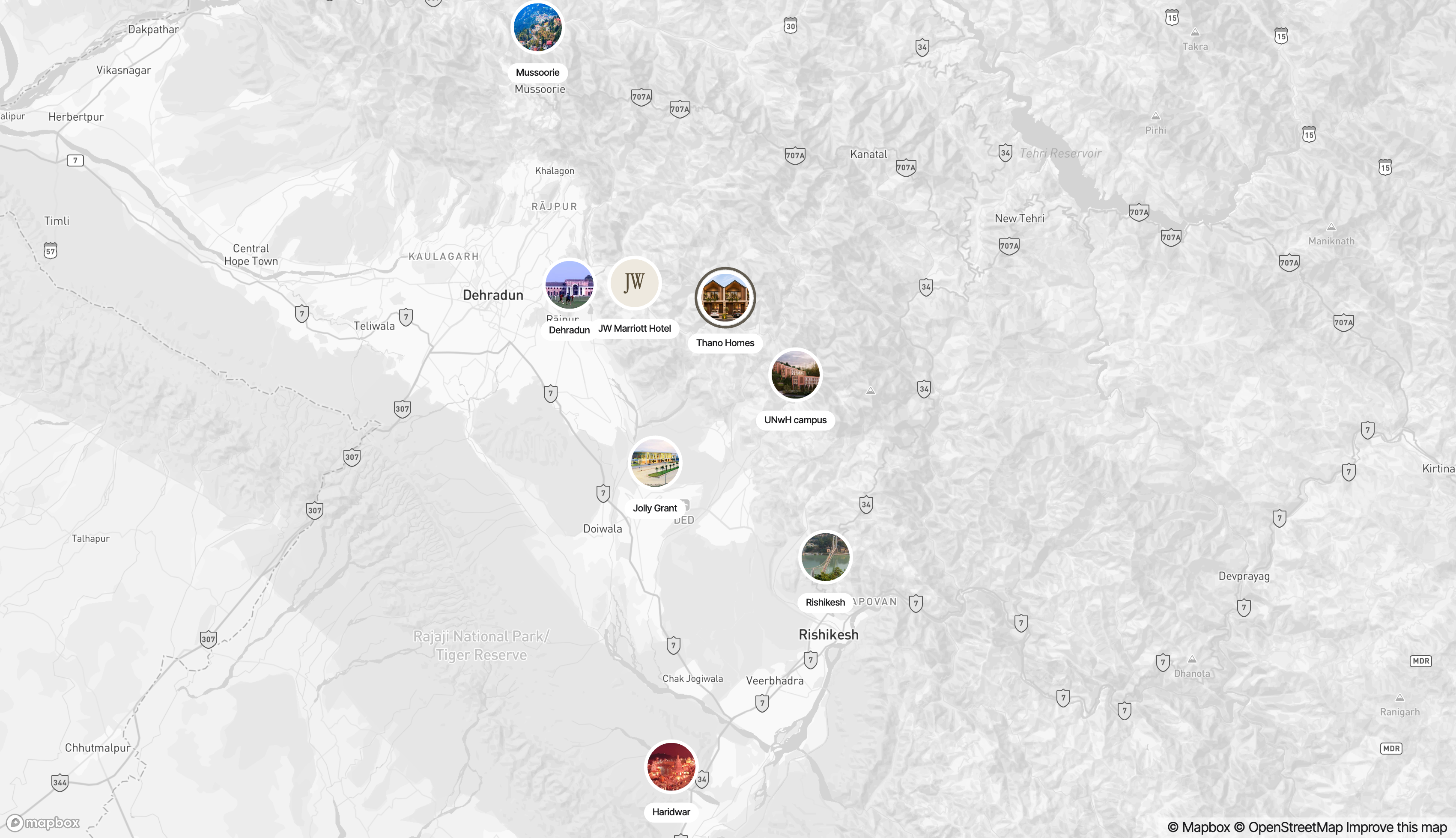 Map showing Thano Homes and nearby destinations in the Doon Valley