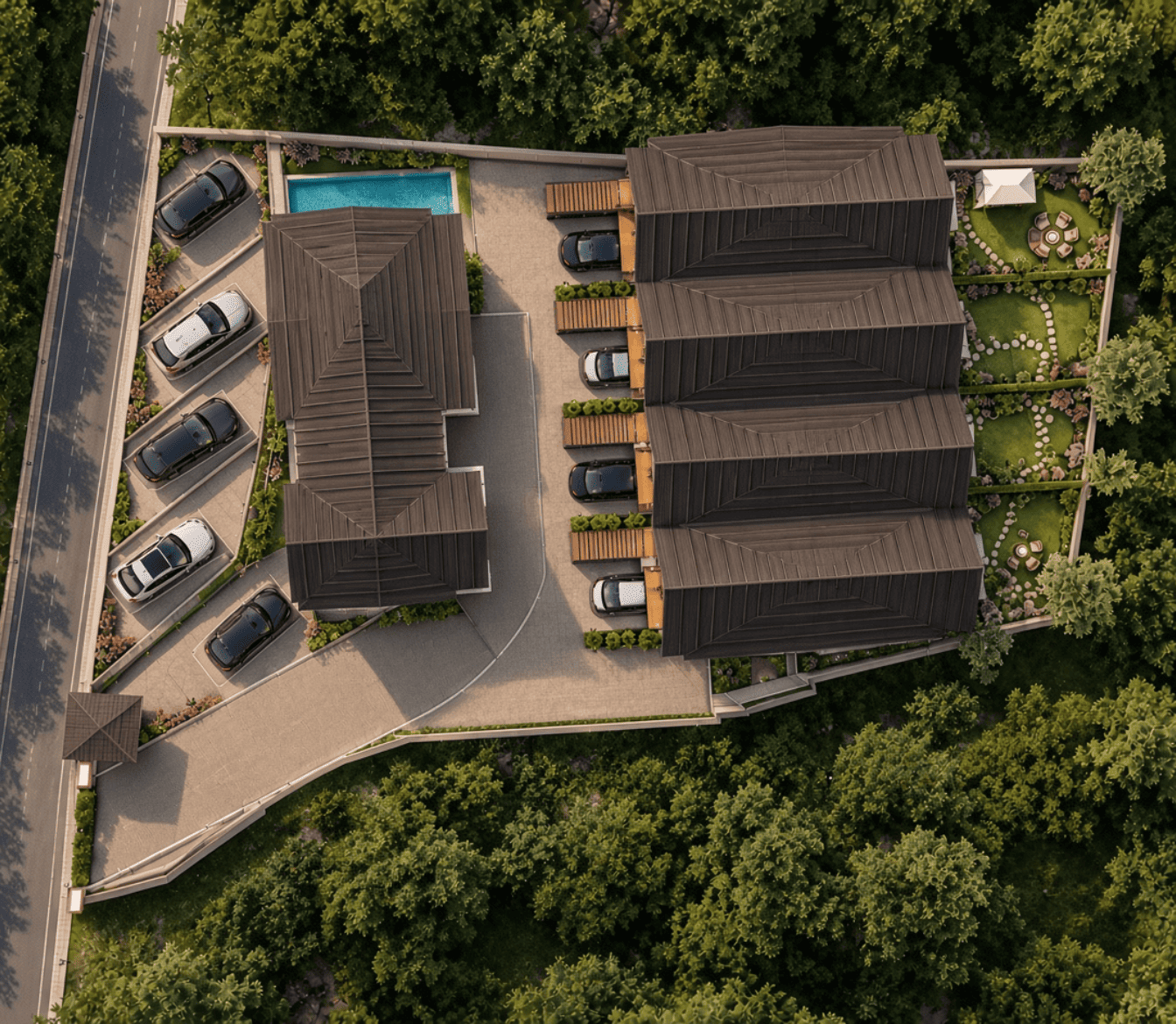 Aerial view of the Thano Homes enclave, showing villas, parking, gardens and a swimming pool