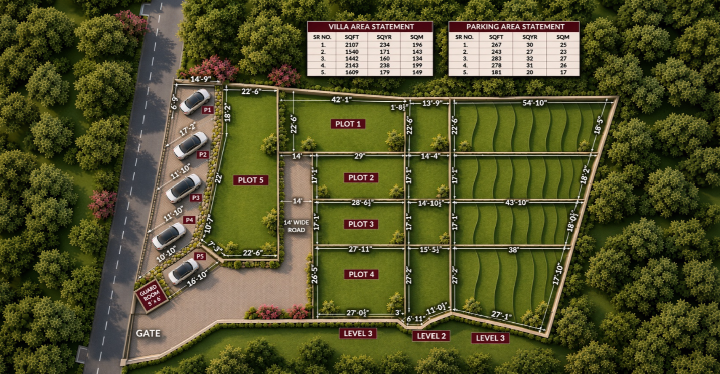 Illustrated site plan showing five numbered plots, entrance road, five parking spaces and three site levels