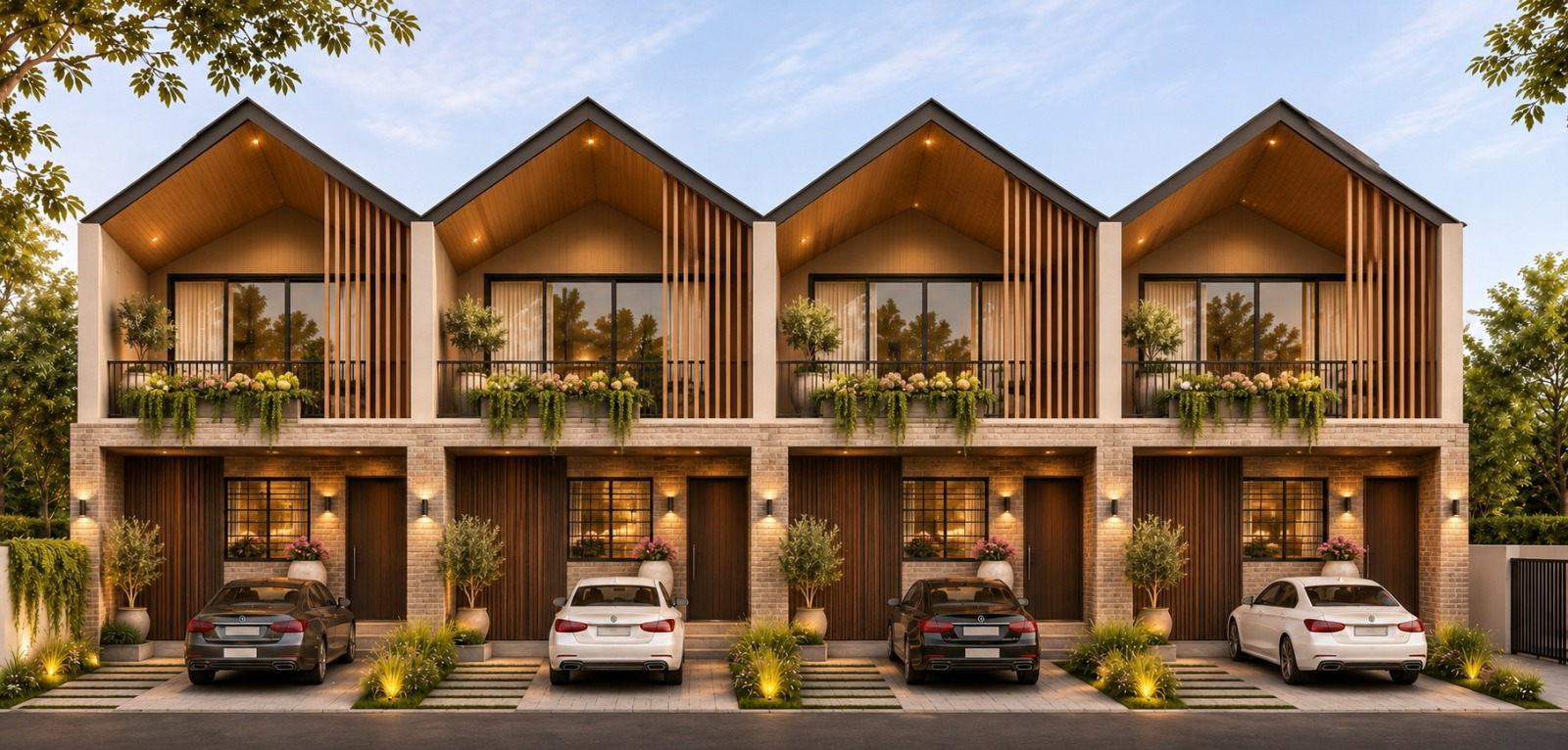Proposed exterior rendering of four Thano Homes villas with pitched roofs, balconies and private driveways