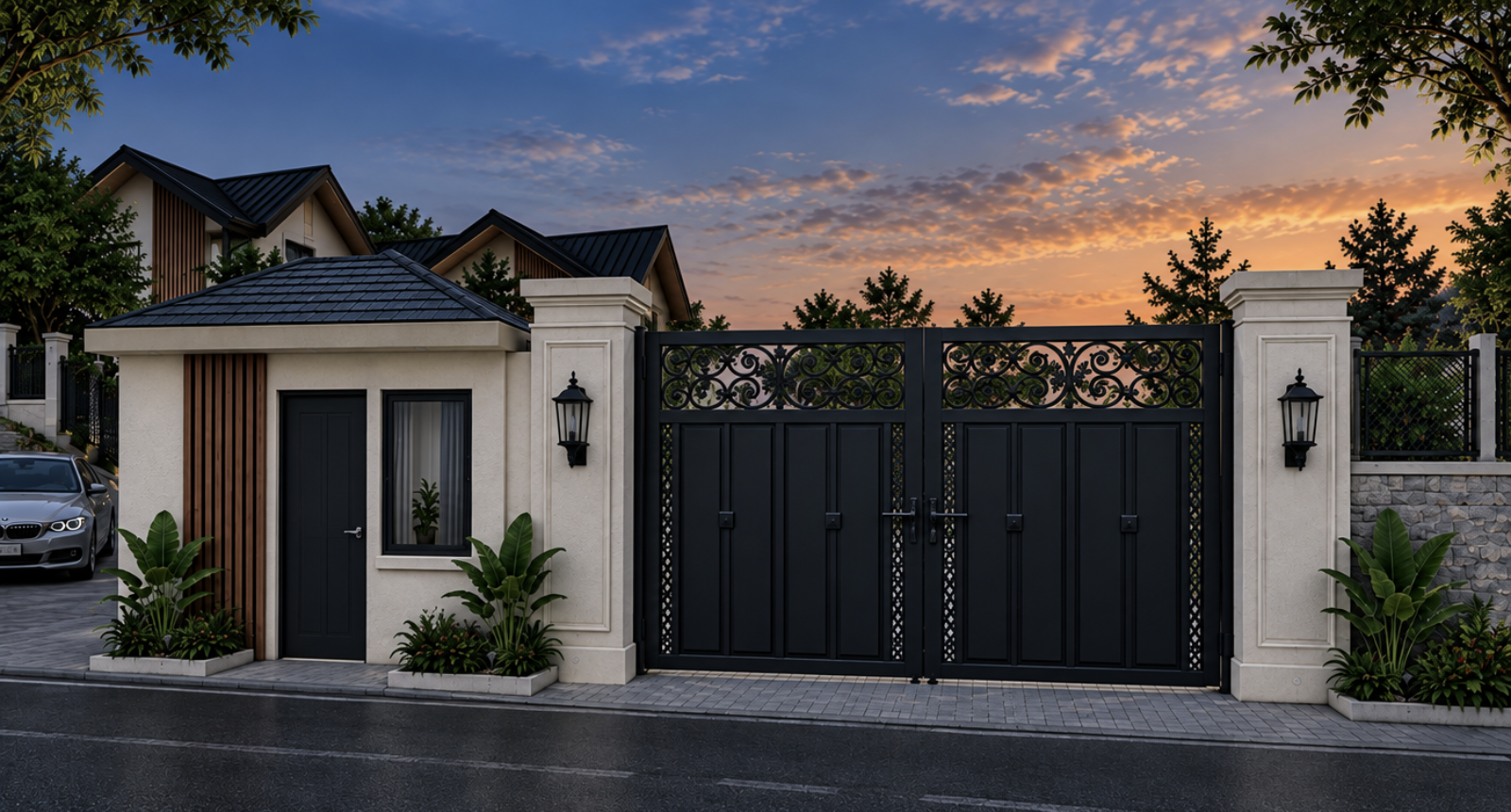 Proposed gated entrance to the Thano Homes enclave at sunset